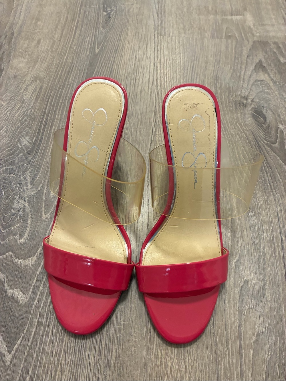 Jessica Simpson Pink patent-finish wedge sandals with clear strap-size 8